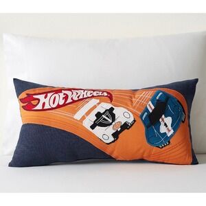 Pottery Barn Kids Hot Wheels Decorative Lumbar Pillow Navy Blue Orange Racing